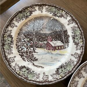 Winter Village Scenic Dinner Plate in Brown and Cream
